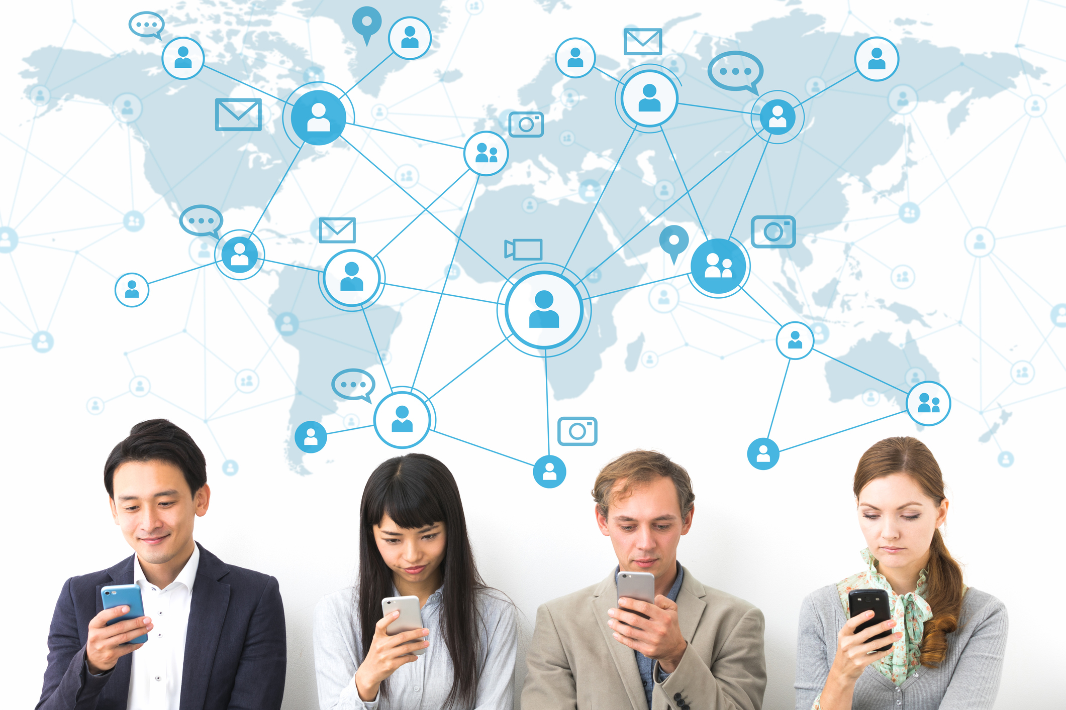 Social network concept. Group of people using smart phone.