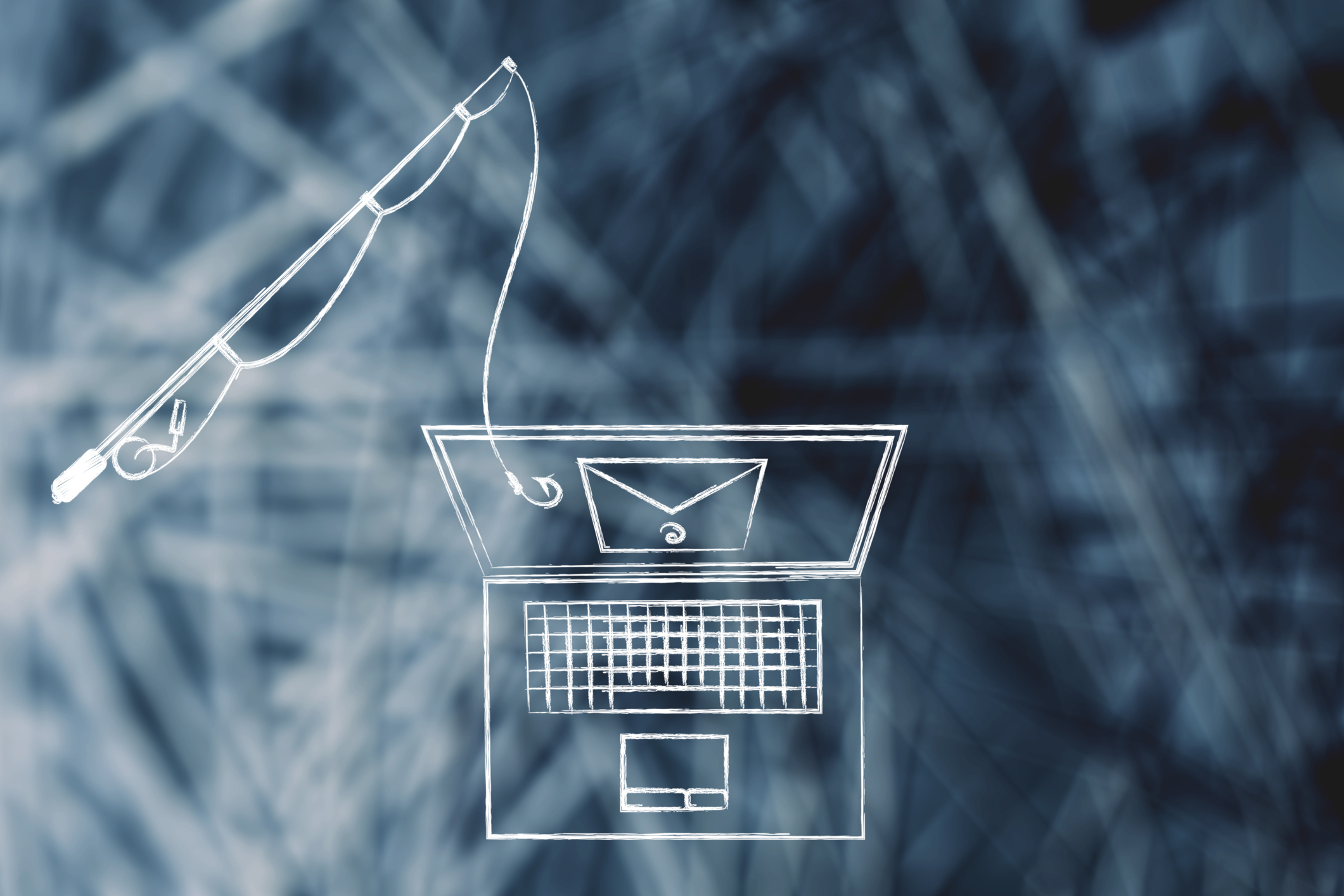 phishing threats, fishing rod catching an email on laptop screen